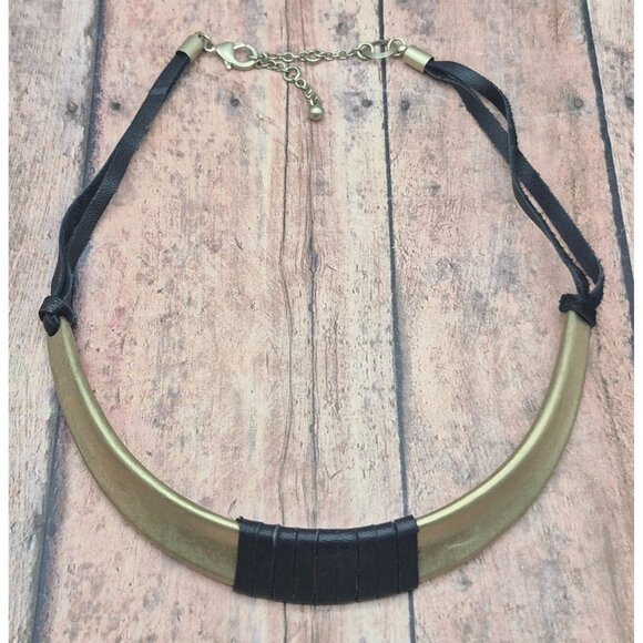 Brushed Gold Tone & Black Faux Leather Structured Collar Choker Necklace 18" - Picture 8 of 9